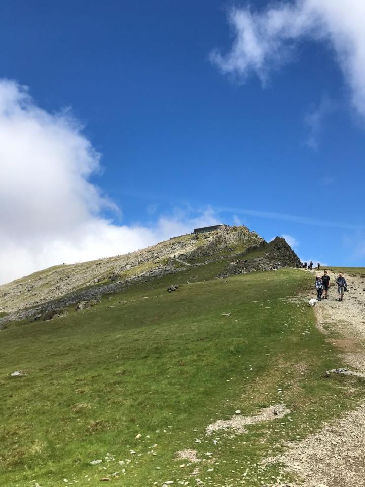 The path climbing a grassy slope towards the summit building on Snowdon